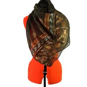 decorative silk scarf or shawl floral pattern  brown, bronze, and gold.
